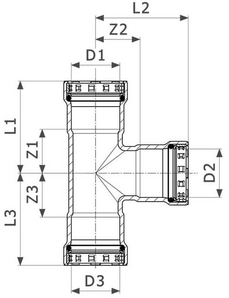 Тройник переходной Viega Megapress с SC-Contur Дн2″x1″x2″ Ру16 стальной оцинкованный, присоединение - пресс