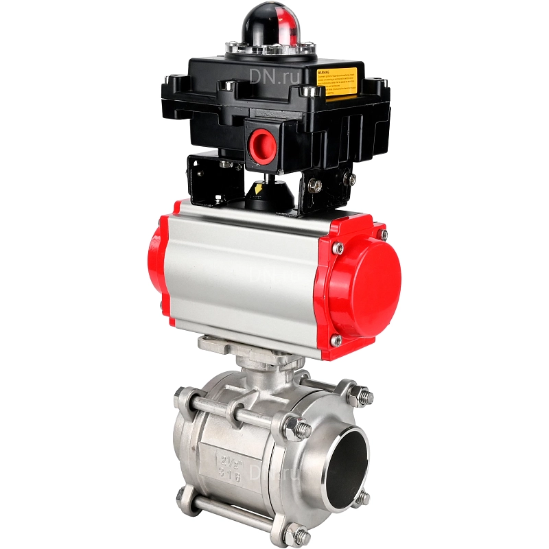 Кран шаровой Ду32 Ру63 полнопроходной, трехсоставной, корпус - нержавеющая сталь 316, уплотнение - PTFE, под приварку, с пневмоприводом PA-DA-052, пневмораспределителем 4M310-08 DC24V, БКВ APL-410N EX (BV3232P(3pc)-FP-W-ISO-H WDVF)