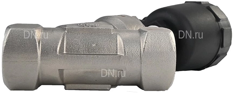 Клапан отсечной пневматический 1″ Ду25 Ру25, корпус - нержавеющая сталь SS316, резьбовой, Y-образный, корпус привода - пластик (VSP3241P-T-1PNC)