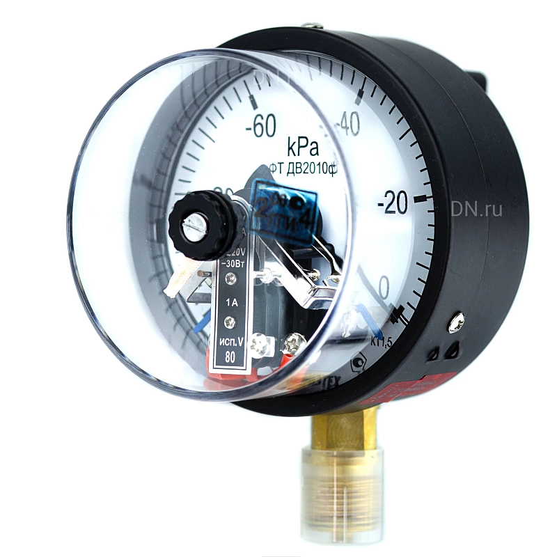 Вакуумметр ФИЗТЕХ ДВ2010ф -100-0 кПа d.100 класс точности 1.5, резьбовое соединение М20х1.5, степень защиты корпуса IP40, электроконтактный, с сигнализирующим устройством тип V, радиальное присоединение